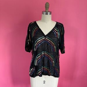 🌈4/$20🌈 Vintage 80s/90s SILK Rainbow Sequined Statement V-Neck Blouse M